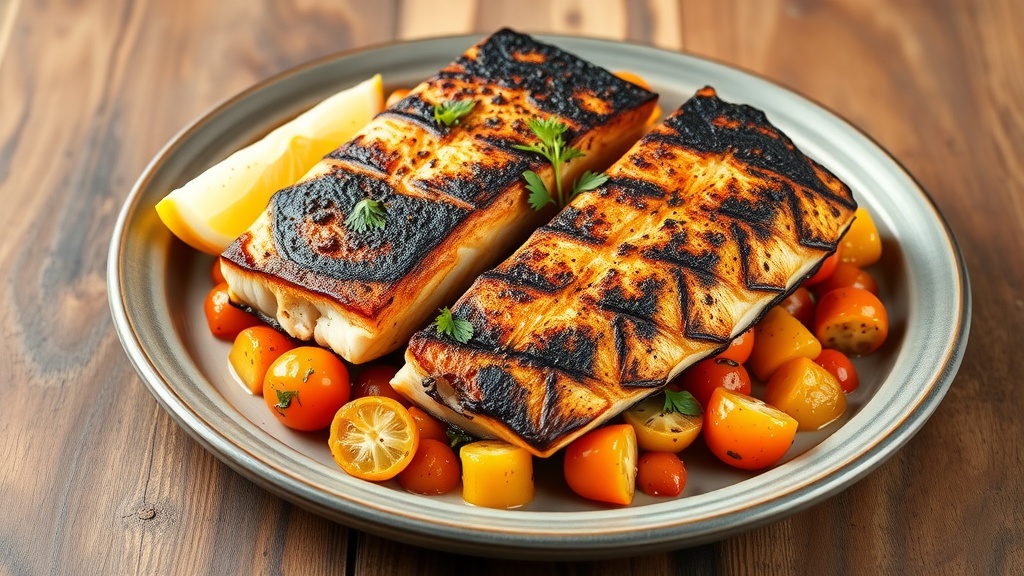 Spicy Blackened Fish Recipe A plate of blackened fish fillets with sautéed vegetables and a lemon wedge, showcasing a crispy spicy exterior.